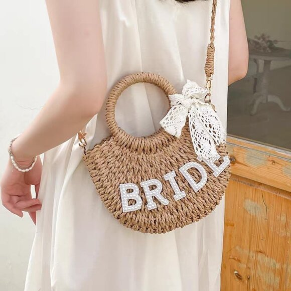 Women's Khaki Straw Wedding Bridal Mini Drawstring Crossbody Bag For Beach Holid - Picture 7 of 9